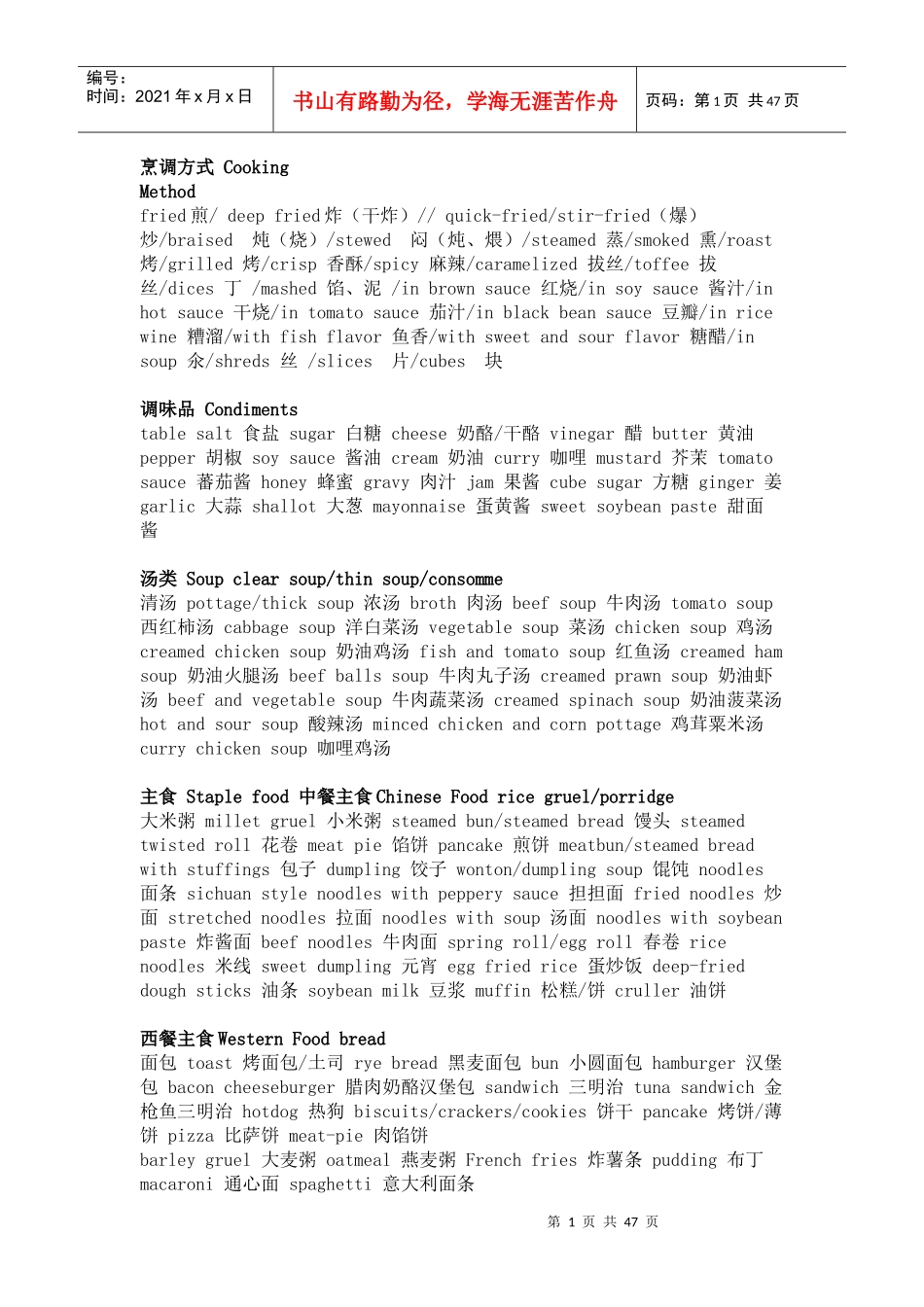 酒店饭店餐厅菜谱中英文对照大全_第1页