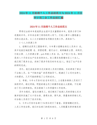 2024年11月助理个人工作总结范文与2024年11月区审计局工会工作总结汇编