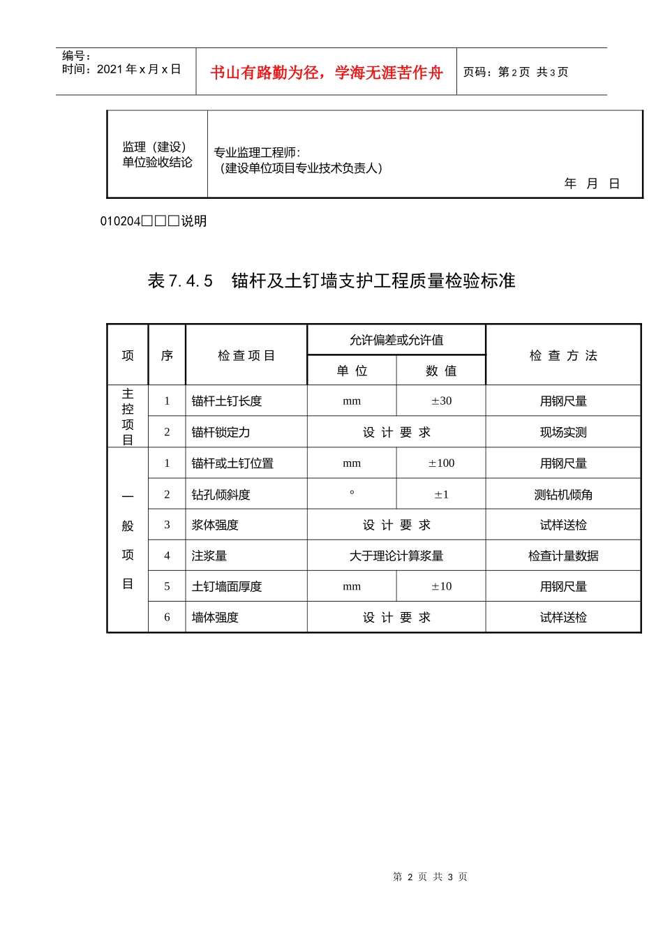 锚杆及土钉墙支护工程检验批质量验收记录_第2页