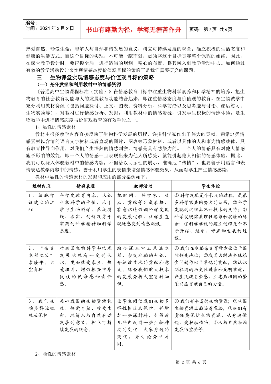 生物课堂实现情感态度与价值观目标策略的实践与研究_第2页
