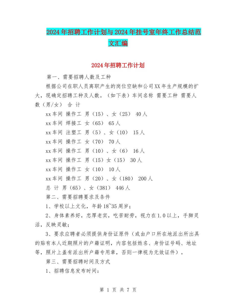 2024年招聘工作计划与2024年挂号室年终工作总结范文汇编_第1页