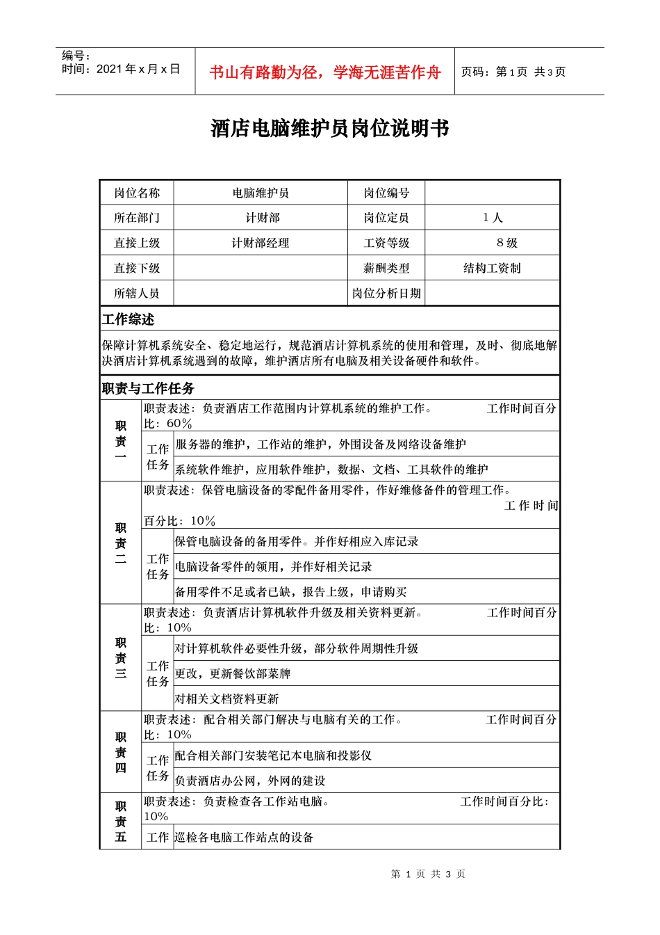 酒店电脑维护员岗位说明书_第1页