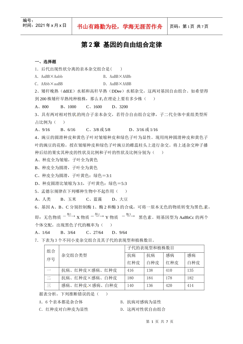 生物：22《基因的自由组合定理》测试_第1页