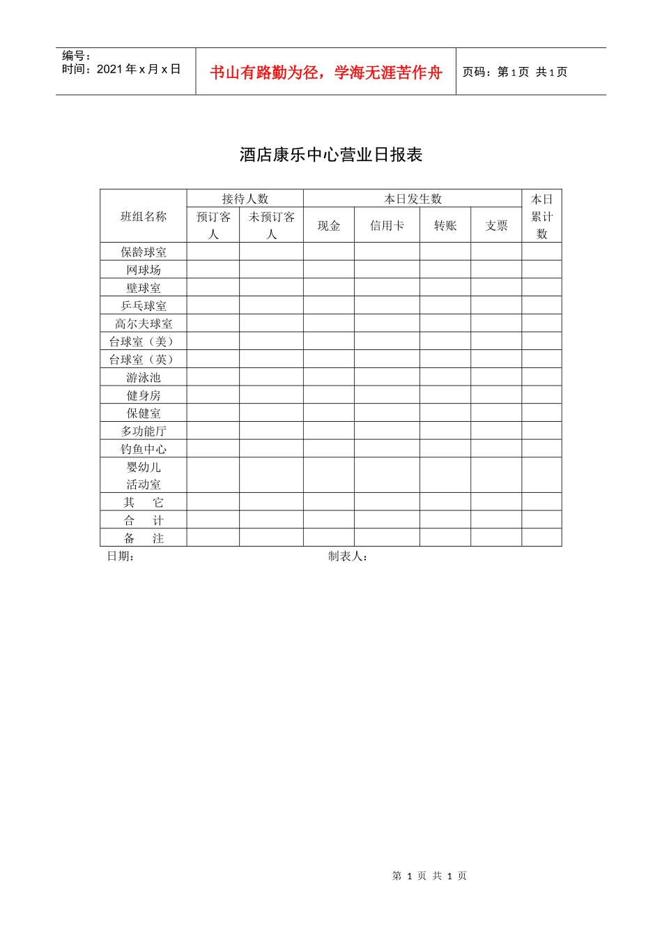 酒店康乐中心营业日报表_第1页
