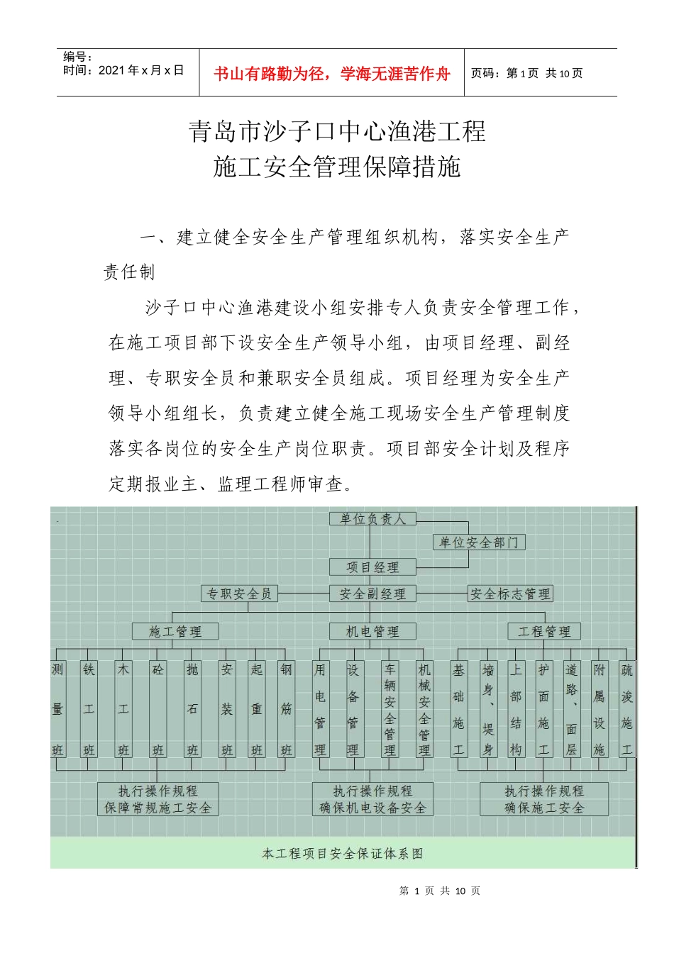 青岛胶州市东营一级渔港码头扩建工程安全管理措施_第1页