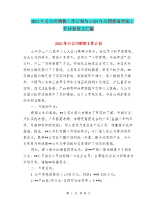 2024年分公司销售工作计划与2024年分团委宣传部工作计划范文汇编