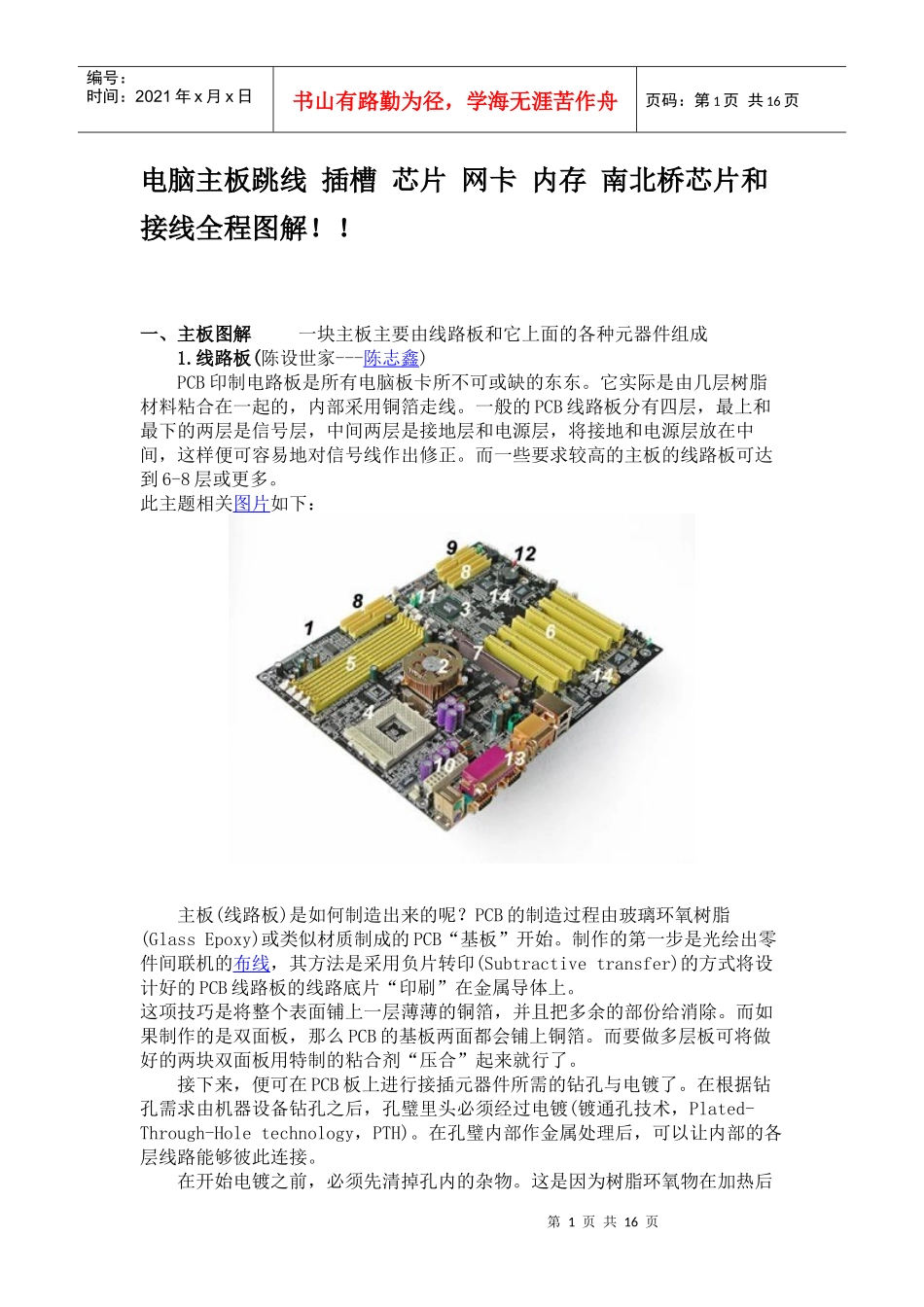 电脑主板跳线 插槽 芯片 网卡 内存 南北桥芯片和接线全程图解_第1页
