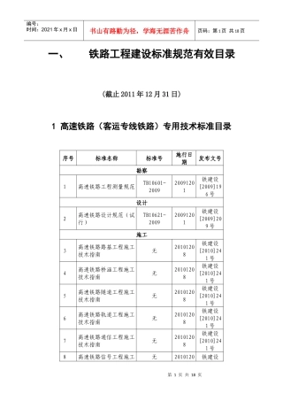 铁路工程建设标准规范有效目录(截止XXXX年12月31日)