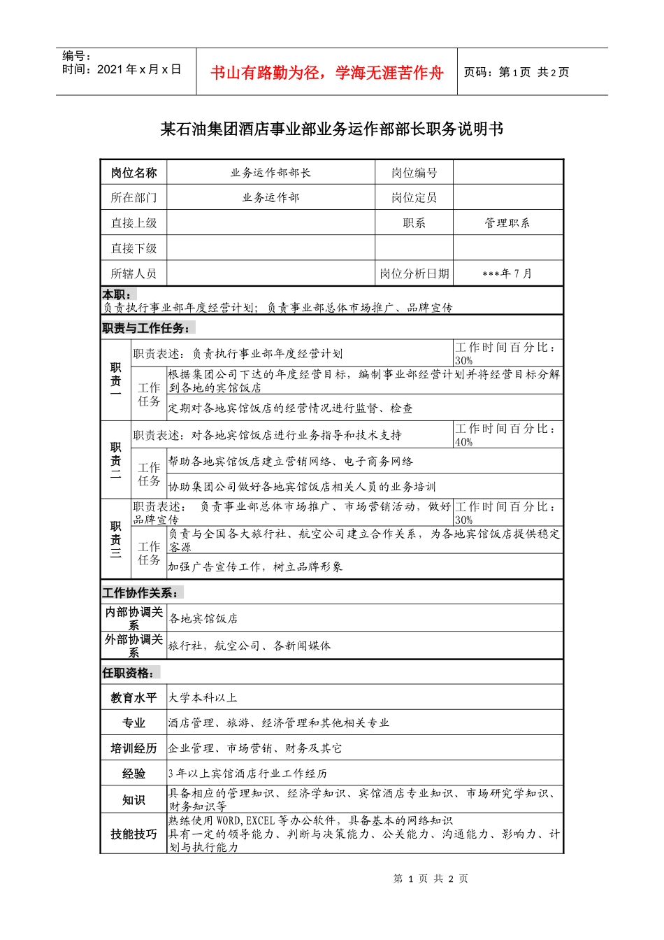 酒店事业部业务运作部部长职务说明书_第1页