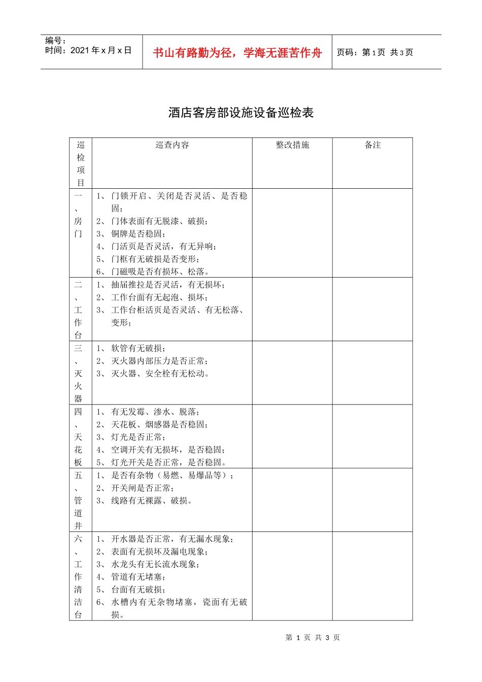 酒店客房部设施设备巡检表_第1页
