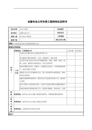运输专业公司专责工程师岗位说明书