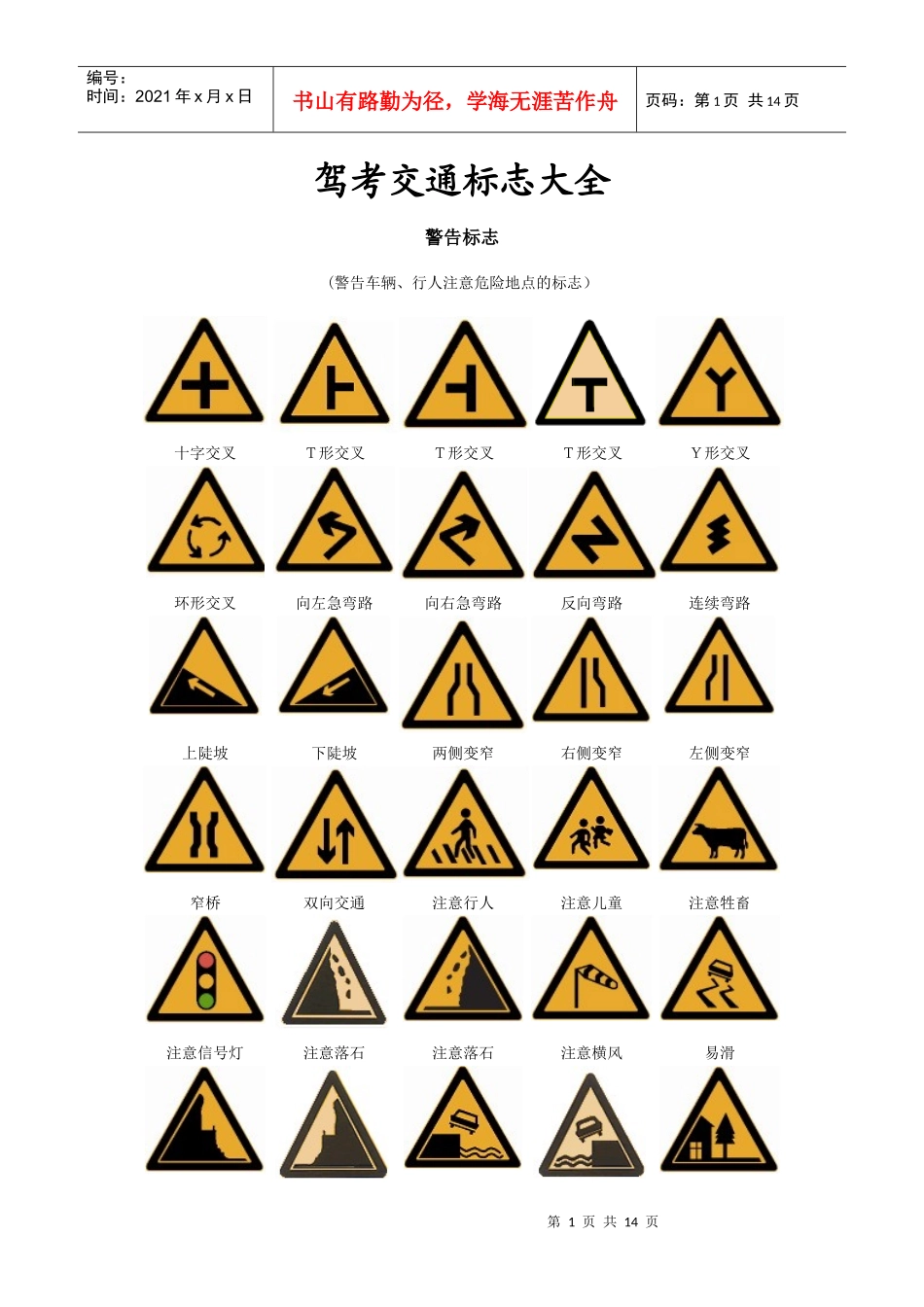 驾考交通标志大全(整理版)_第1页