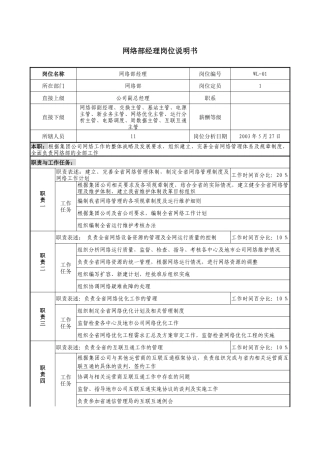 通信行业-网络部经理岗位说明书