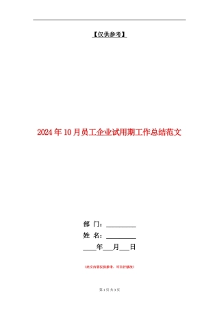 2024年10月员工企业试用期工作总结范文