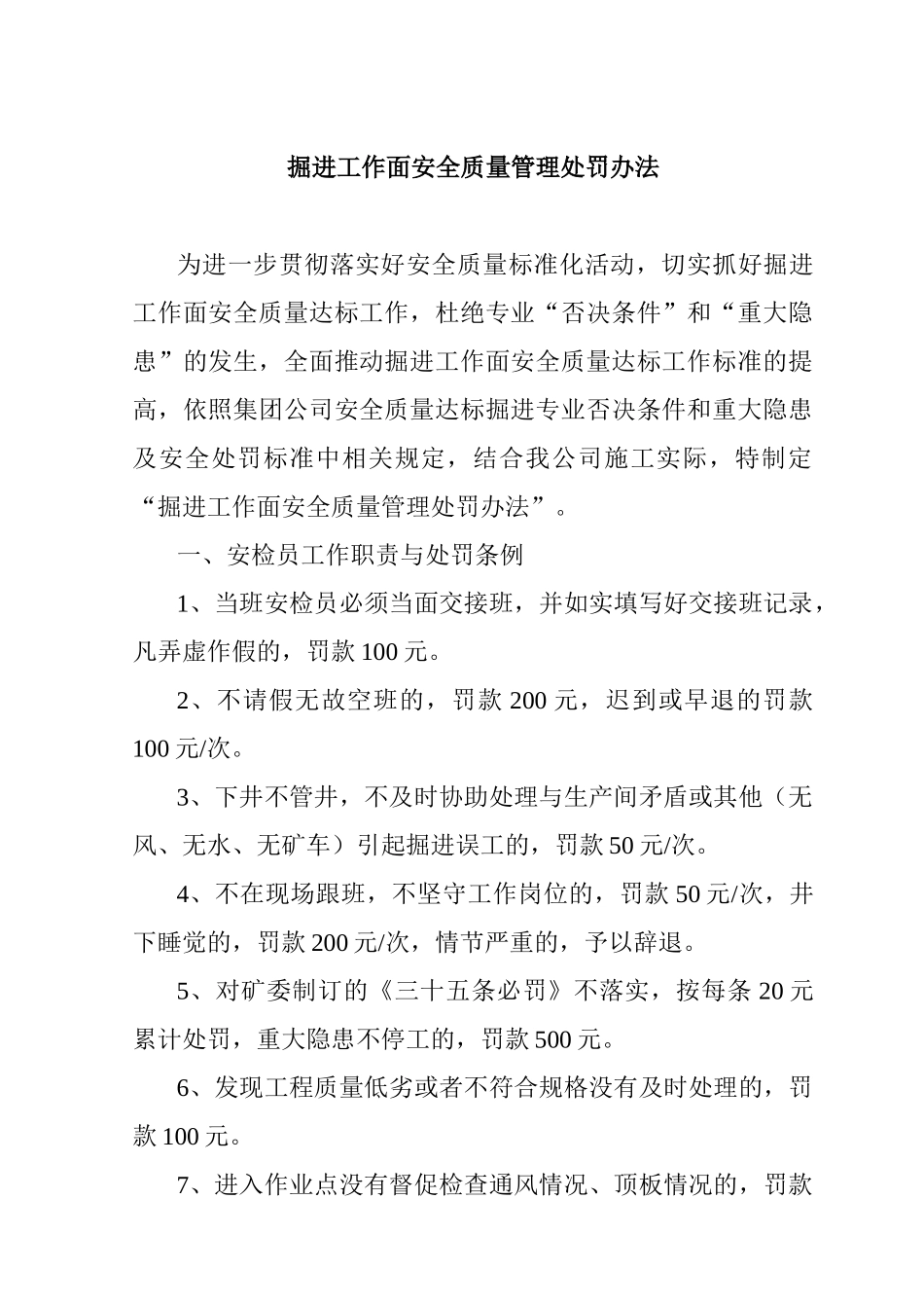 掘进工作面安全质量管理处罚办法1[1]_第1页