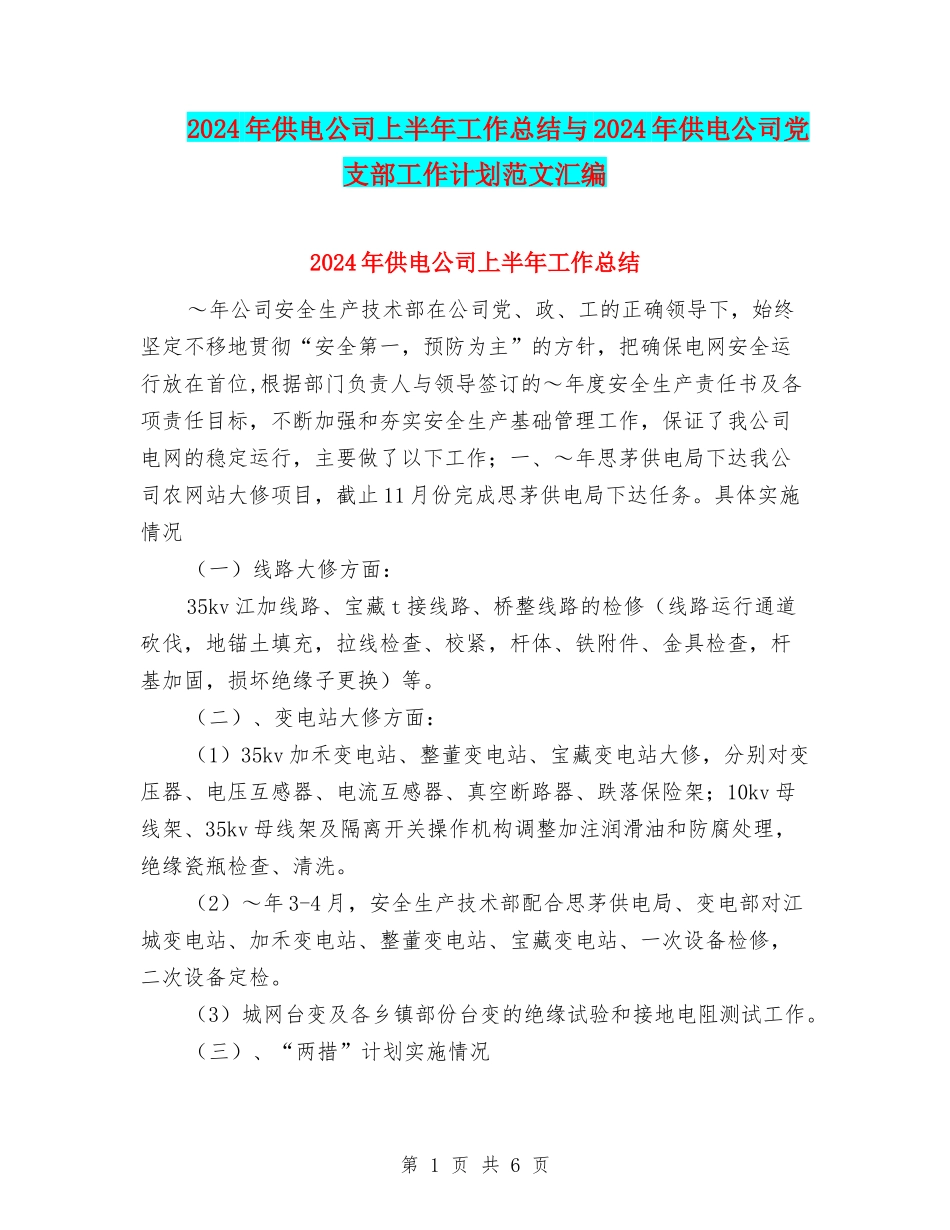 2024年供电公司上半年工作总结与2024年供电公司党支部工作计划范文汇编_第1页