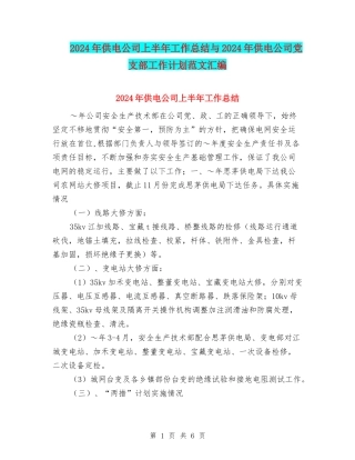 2024年供电公司上半年工作总结与2024年供电公司党支部工作计划范文汇编