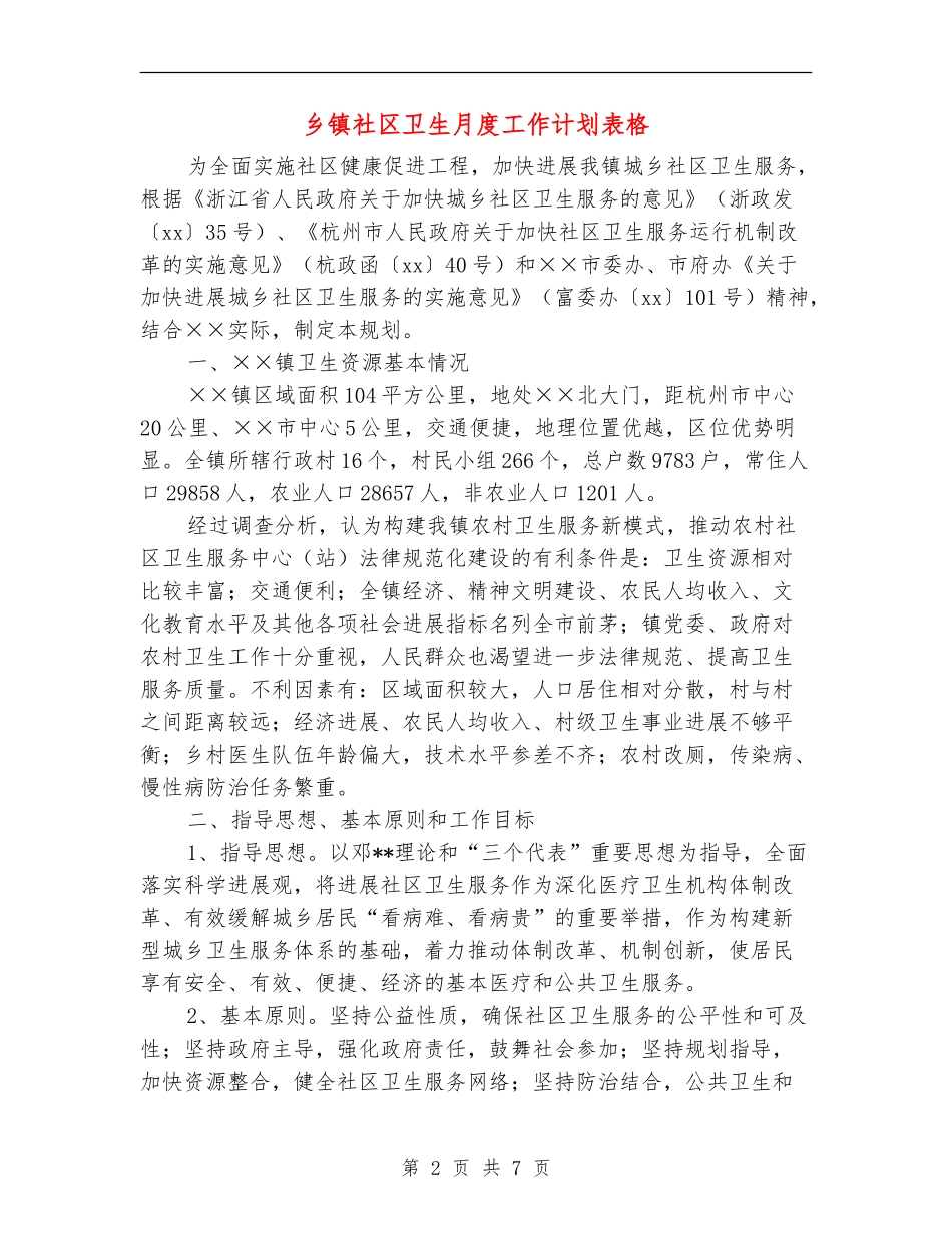 乡镇社区卫生月度工作计划表格_第2页