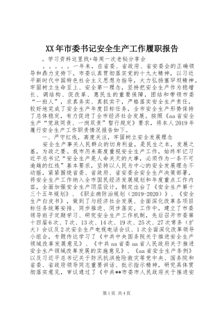 XX年市委书记安全生产工作履职报告
