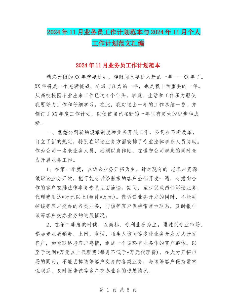 2024年11月业务员工作计划范本与2024年11月个人工作计划范文汇编_第1页