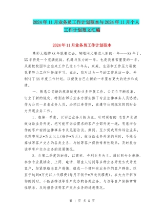 2024年11月业务员工作计划范本与2024年11月个人工作计划范文汇编
