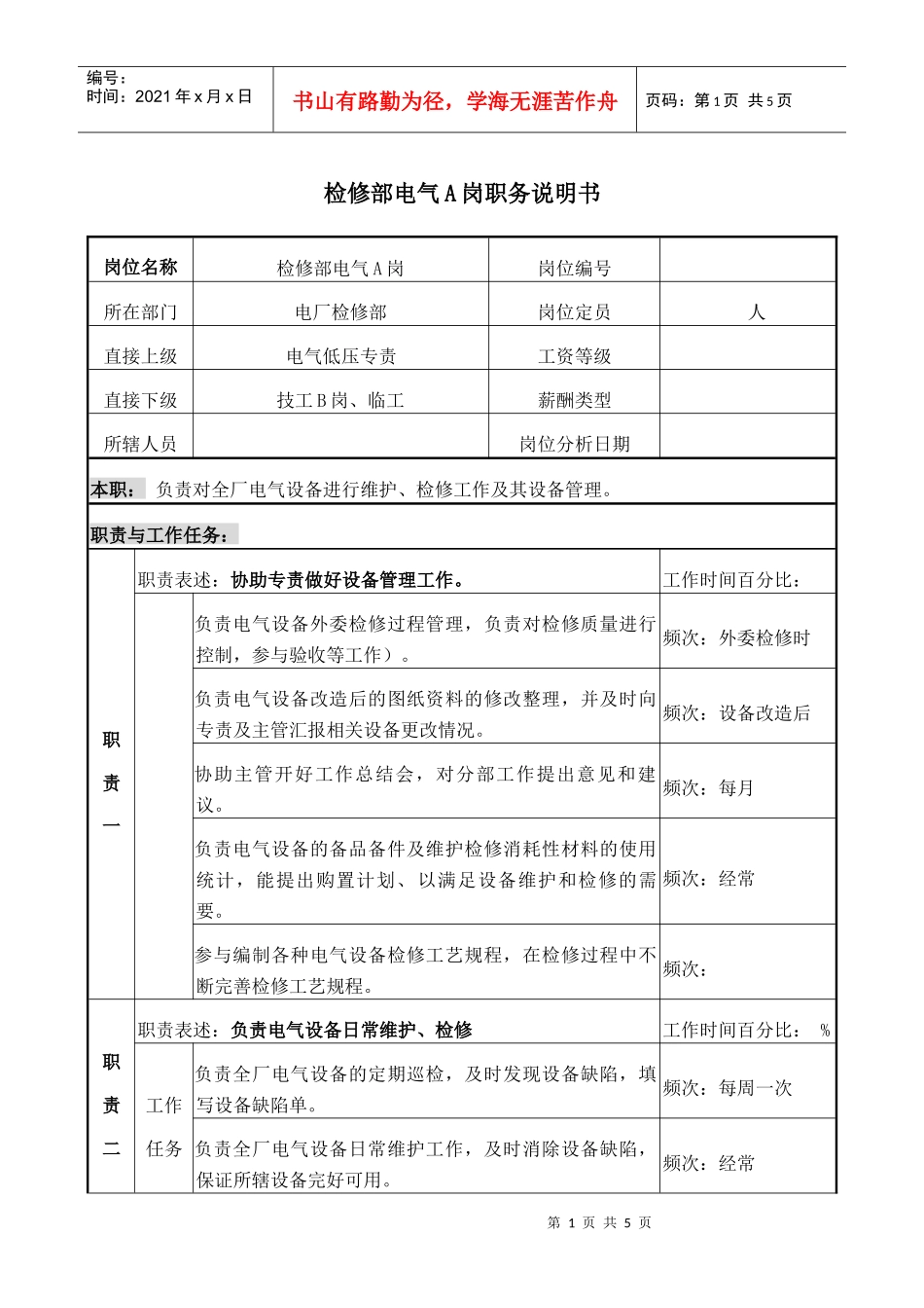 职务说明书－电气A岗_第1页