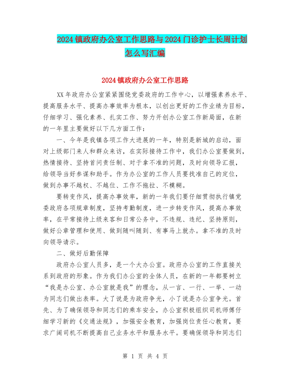 2024镇政府办公室工作思路与2024门诊护士长周计划怎么写汇编_第1页