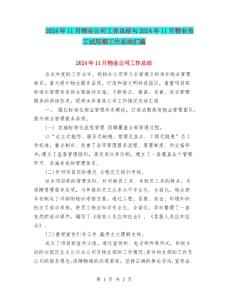 2024年11月物业公司工作总结与2024年11月物业员工试用期工作总结汇编