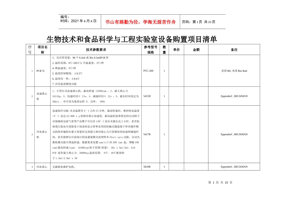 生物技术和食品科学与工程实验室设备购置项目清单_第1页