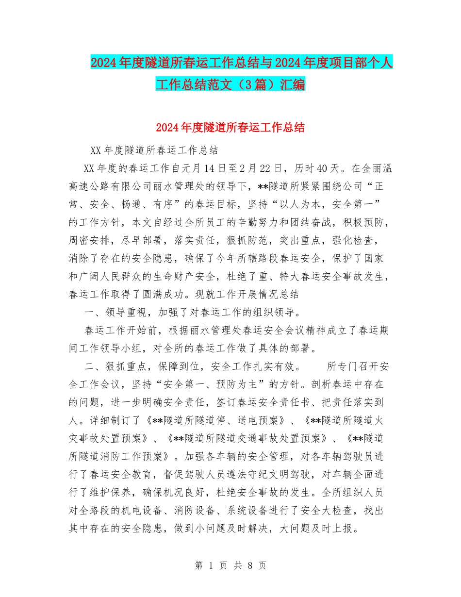 2024年度隧道所春运工作总结与2024年度项目部个人工作总结范文汇编_第1页