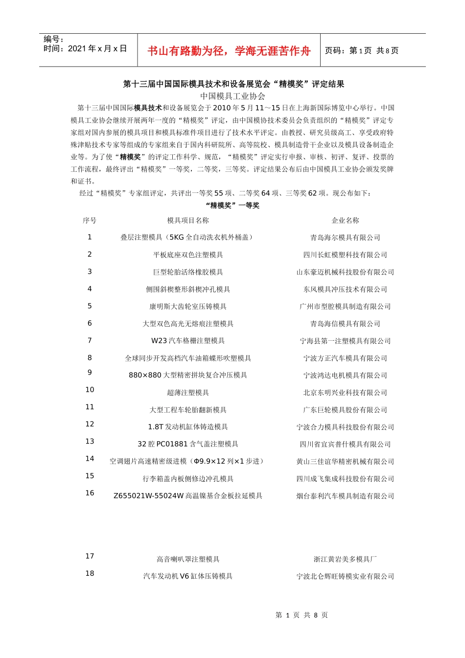 第十三届中国国际模具技术和设备展览会“精模奖”评定结果_第1页