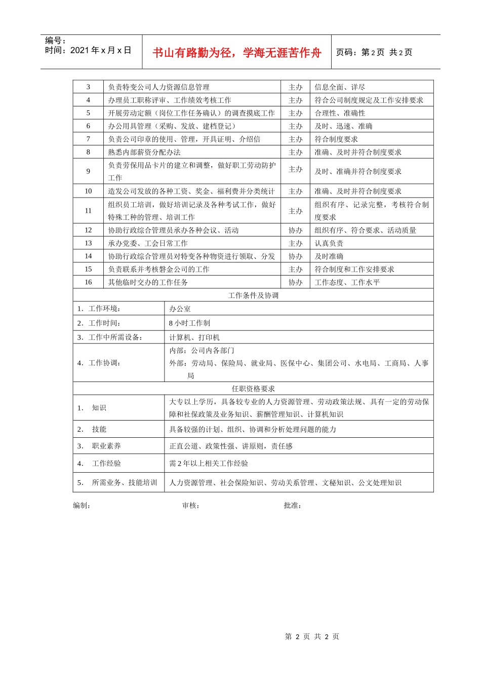 电力集团某大型电气配件企业人力资源专员岗位说明书_第2页
