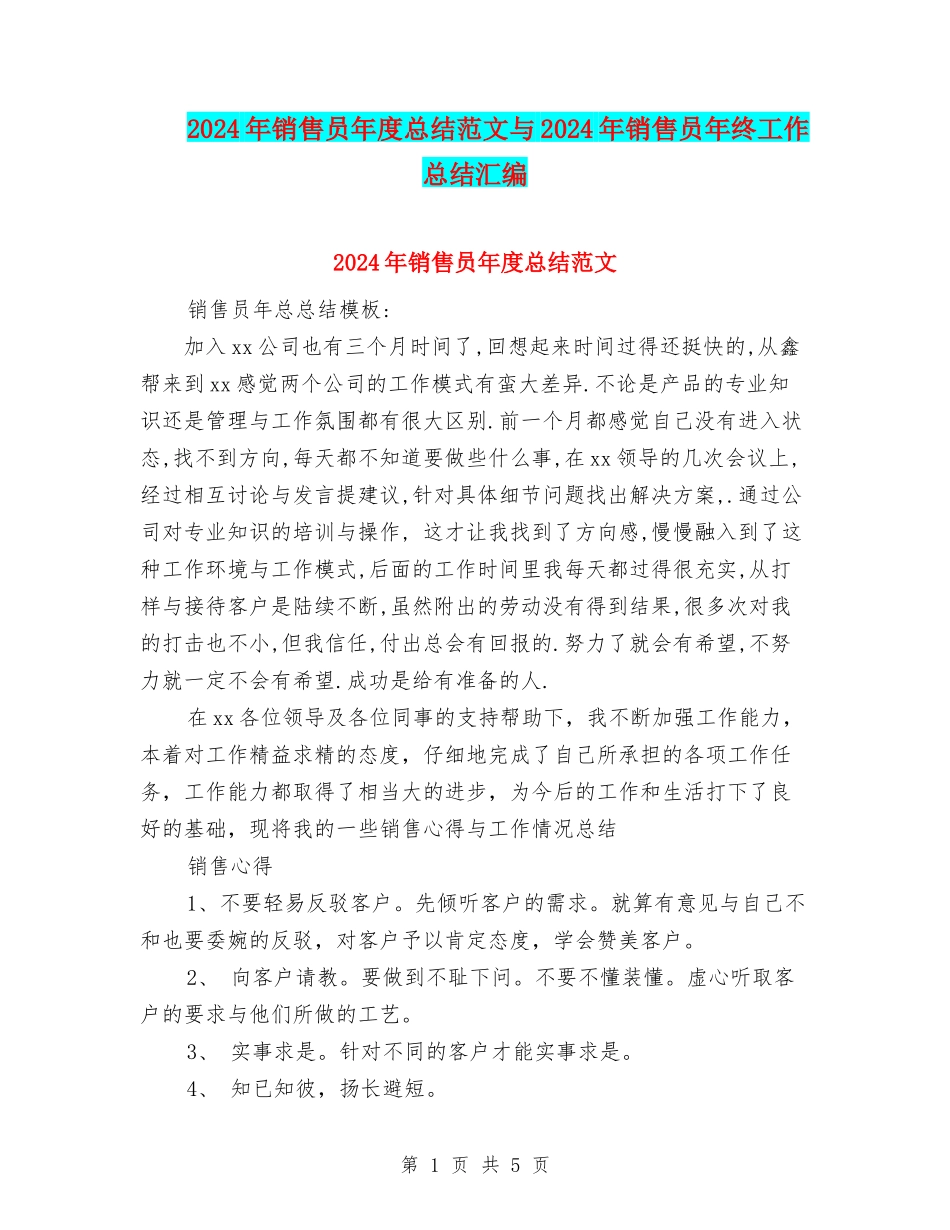 2024年销售员年度总结范文与2024年销售员年终工作总结汇编_第1页
