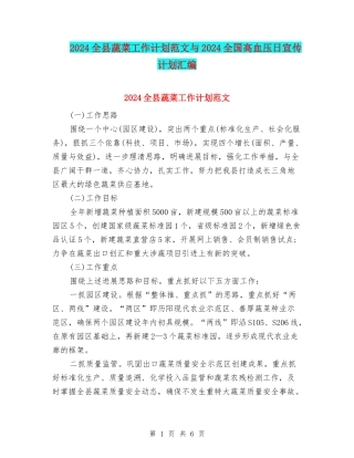 2024全县蔬菜工作计划范文与2024全国高血压日宣传计划汇编