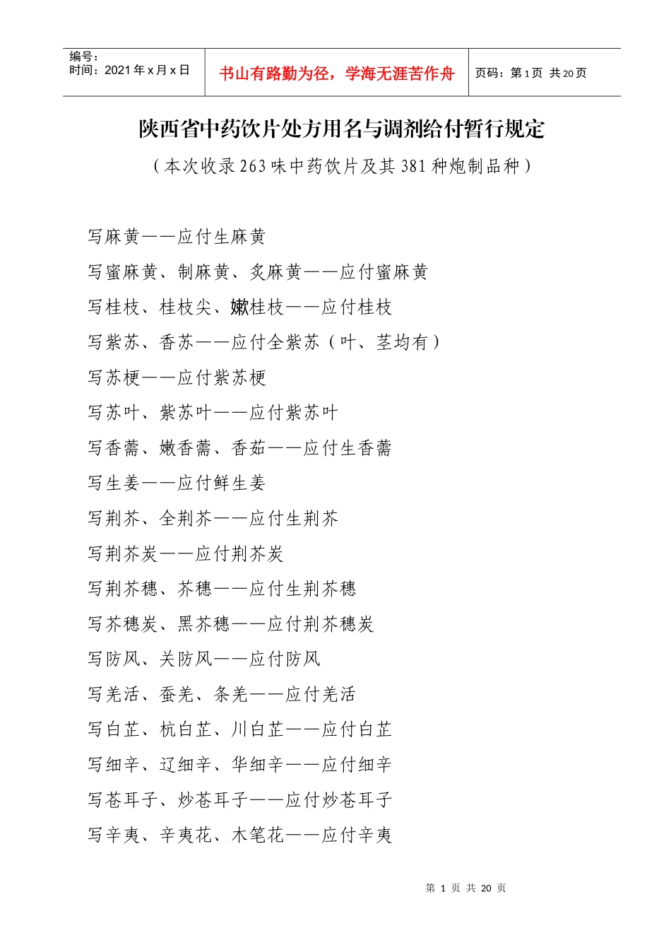 陕西省中药饮片处方用名与调剂给付暂行规定_第1页