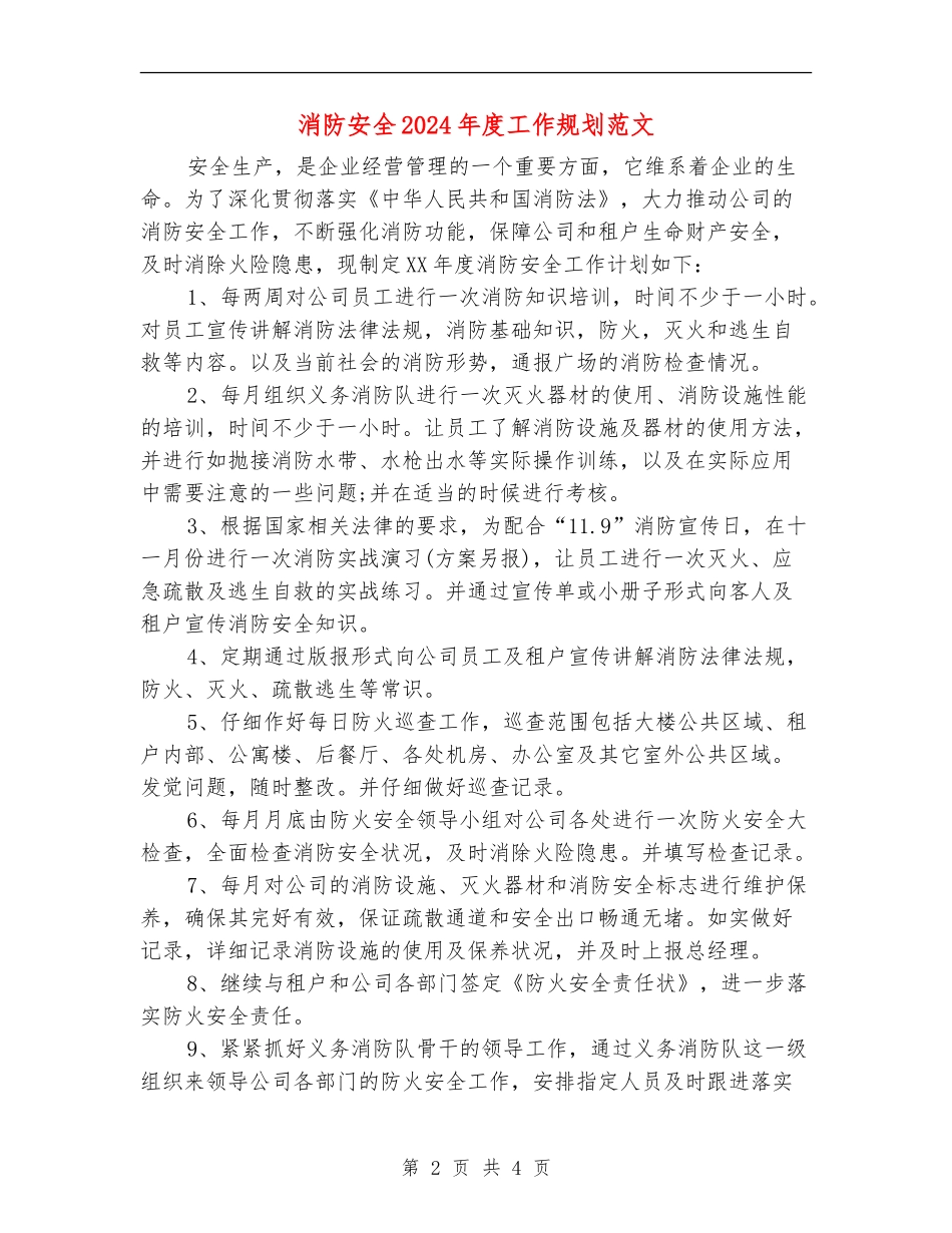 消防安全2024年度工作规划范文_第2页