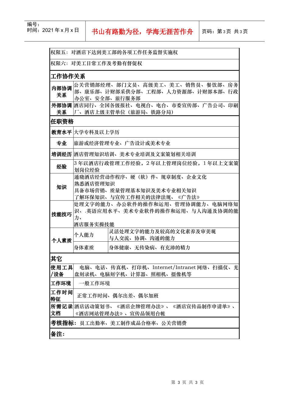 酒店公关策划主管岗位说明书_第3页