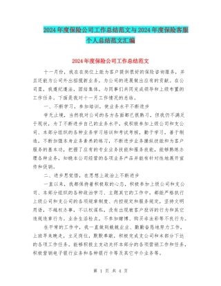 2024年度保险公司工作总结范文与2024年度保险客服个人总结范文汇编