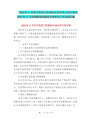 2024年11月市卫生局工作总结与2024年工作计划与2024年11月市国税局创建省文明单位工作总结汇编