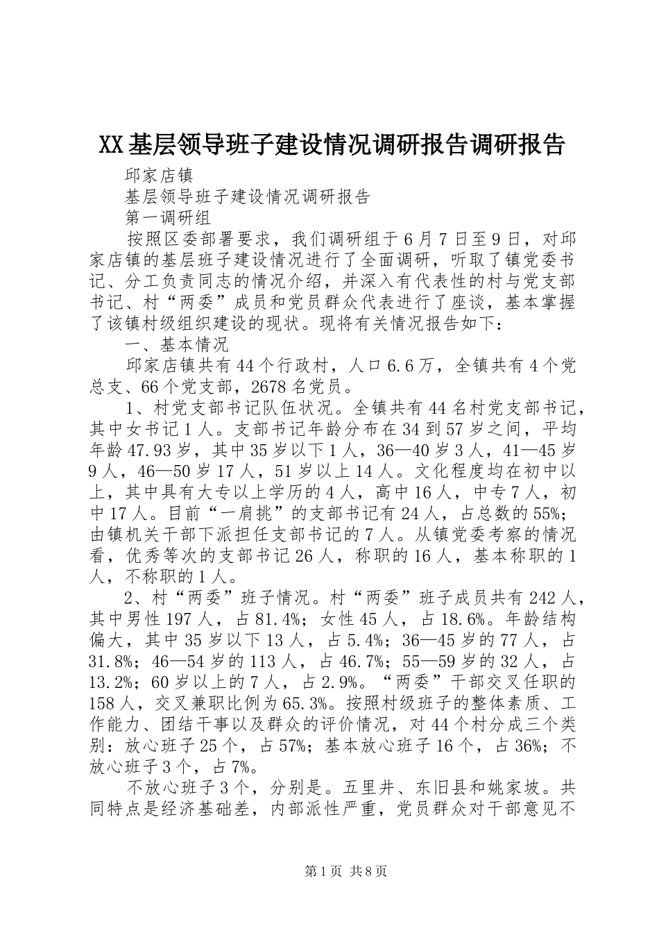 XX基层领导班子建设情况调研报告调研报告_第1页