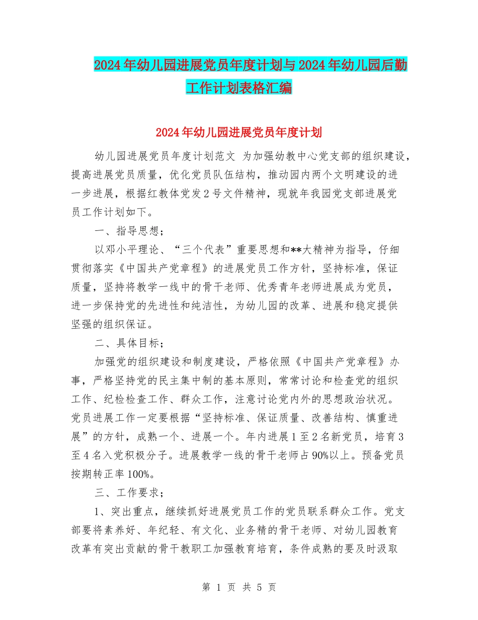 2024年幼儿园发展党员年度计划与2024年幼儿园后勤工作计划表格汇编_第1页