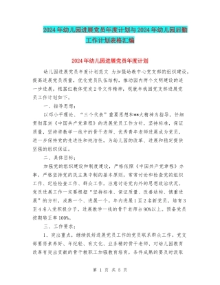 2024年幼儿园发展党员年度计划与2024年幼儿园后勤工作计划表格汇编