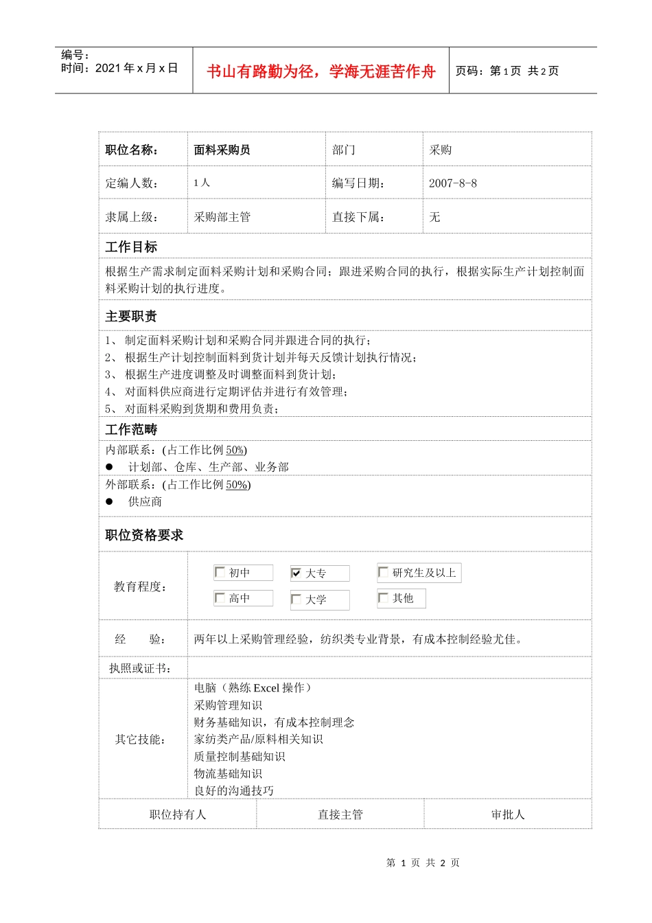面料采购员岗位说明书_第1页