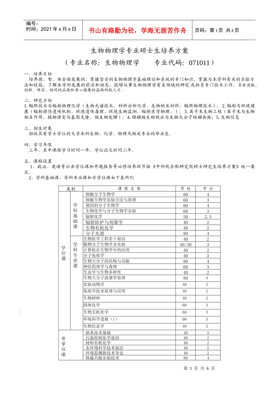 生物物理学专业培养方案doc-中科院合肥研究院各专业研究_第1页