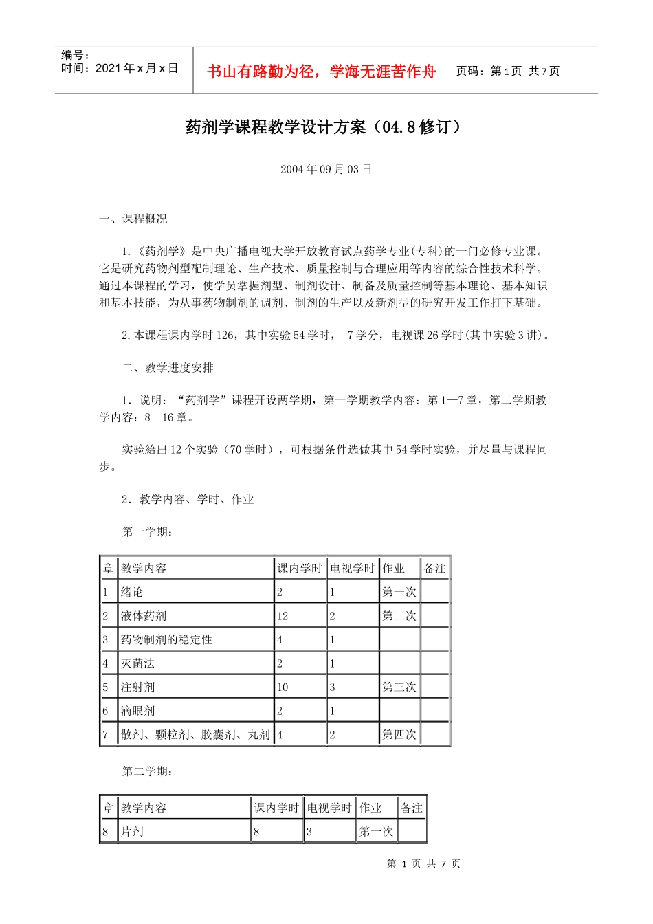 药剂学课程教学设计方案(048修订)_第1页