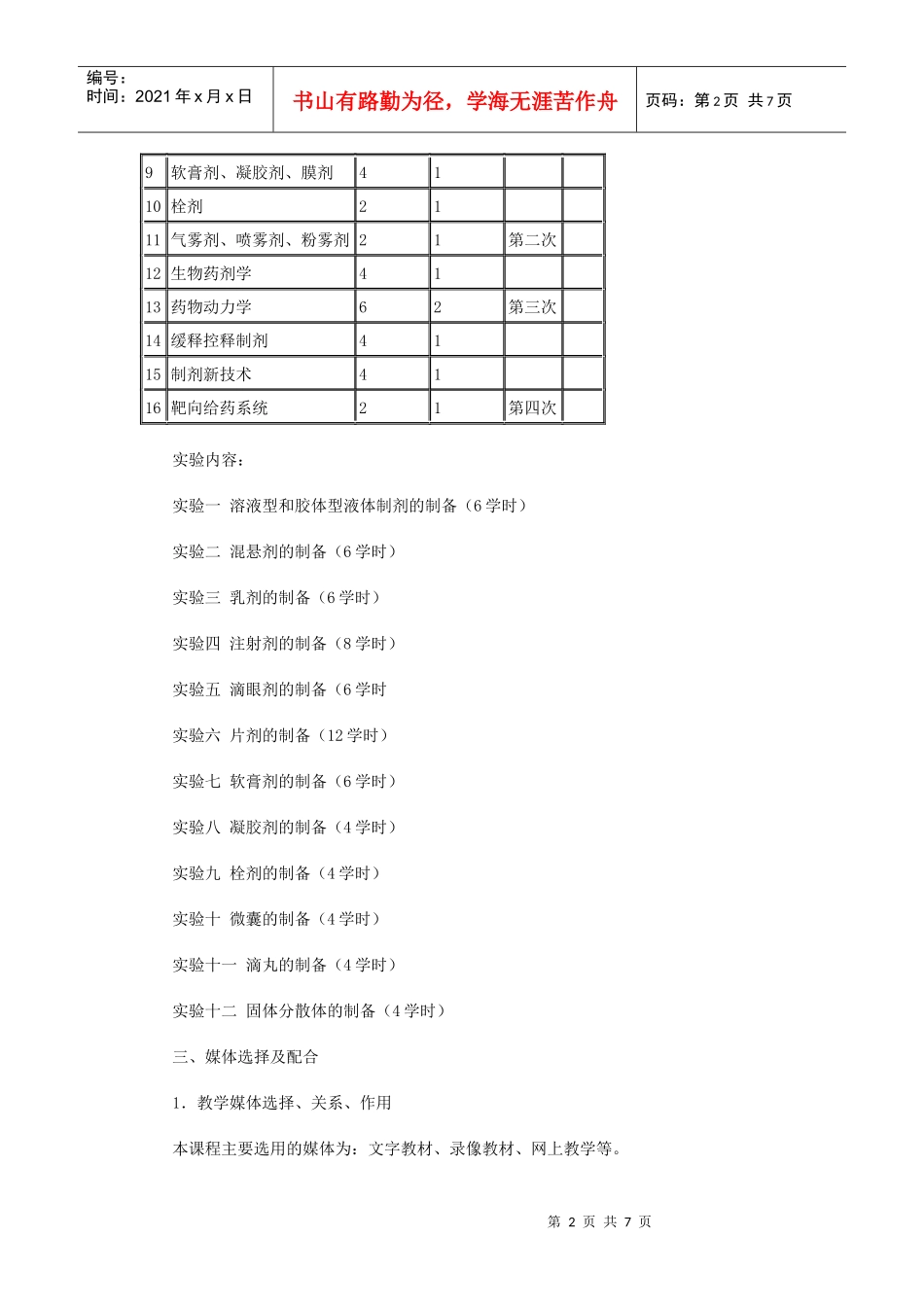 药剂学课程教学设计方案(048修订)_第2页