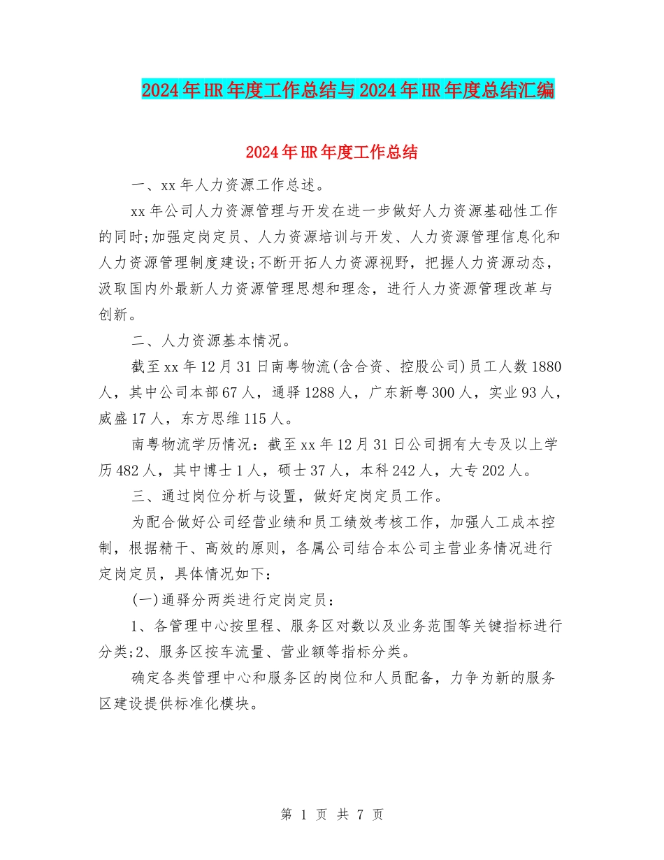 2024年HR年度工作总结与2024年HR年度总结汇编_第1页