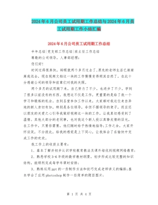 2024年6月公司员工试用期工作总结与2024年6月员工试用期工作小结汇编