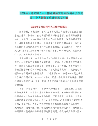 2024年2月公司个人工作计划范文与2024年2月公司员工个人销售工作计划范文汇编