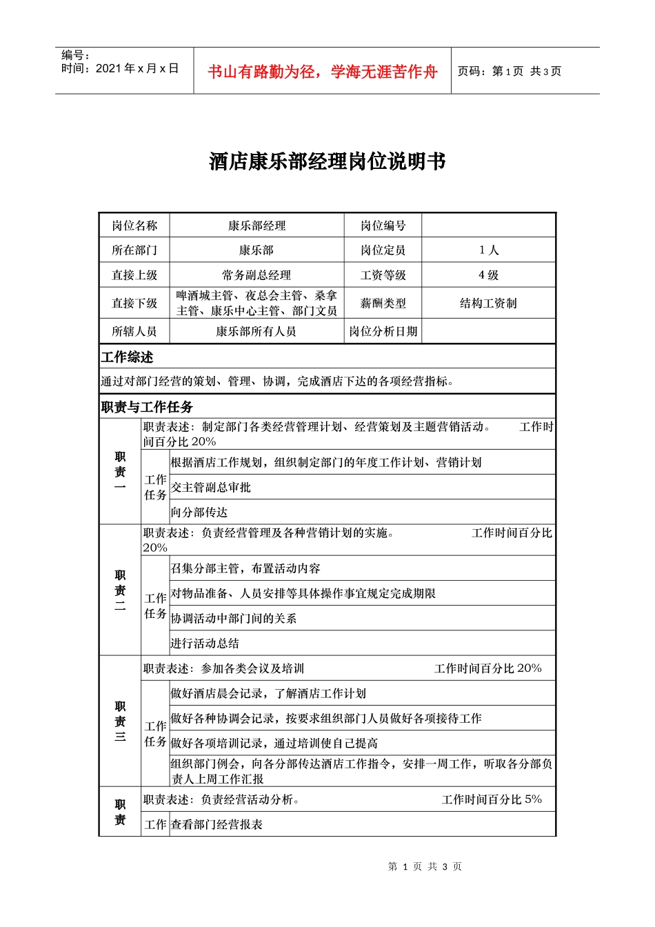 酒店康乐部经理岗位说明书_第1页